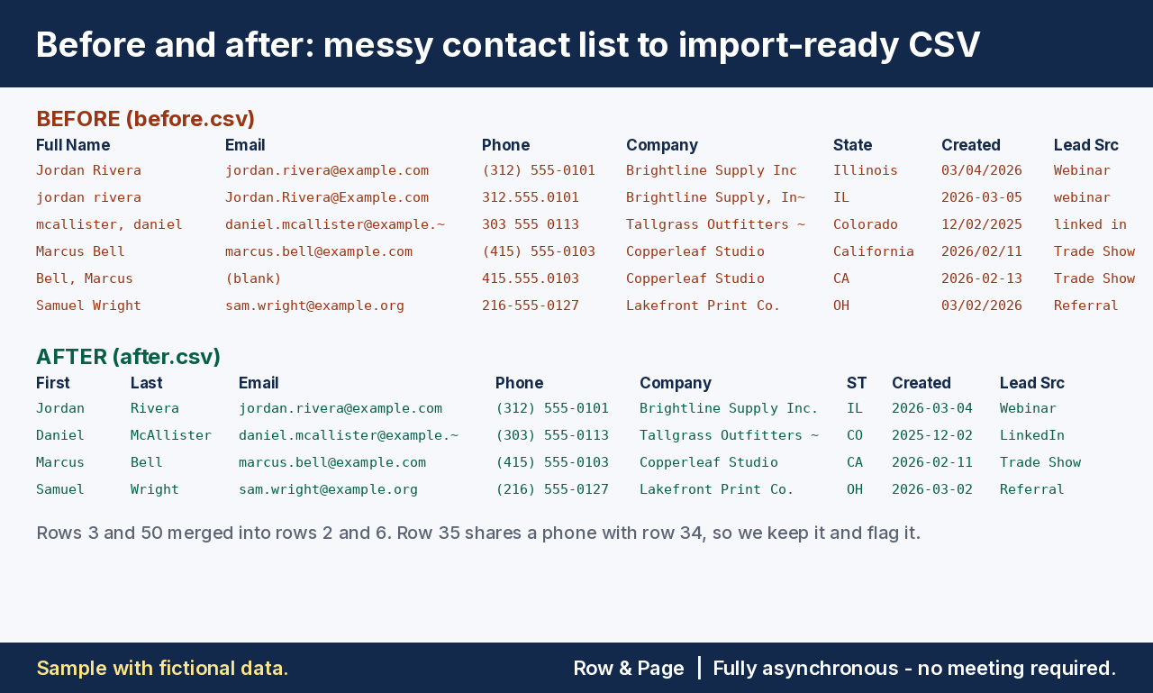 Before and after: messy contact rows turned into an import-ready CSV